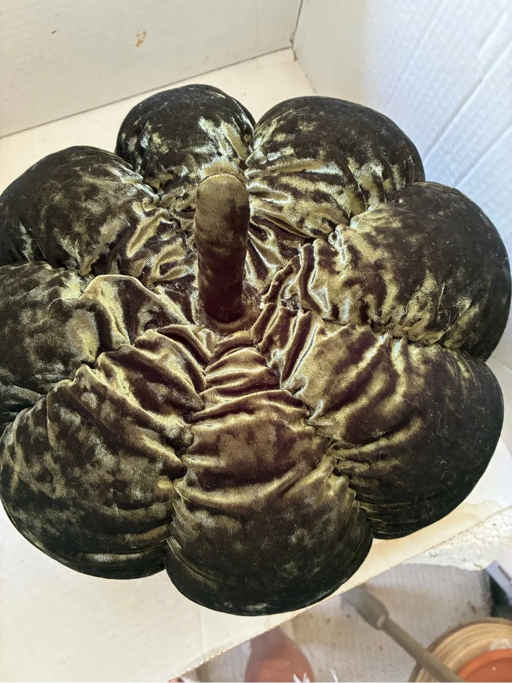 Pumpkin Shaped Green Velvet Throw Pillow New 15” By 10”